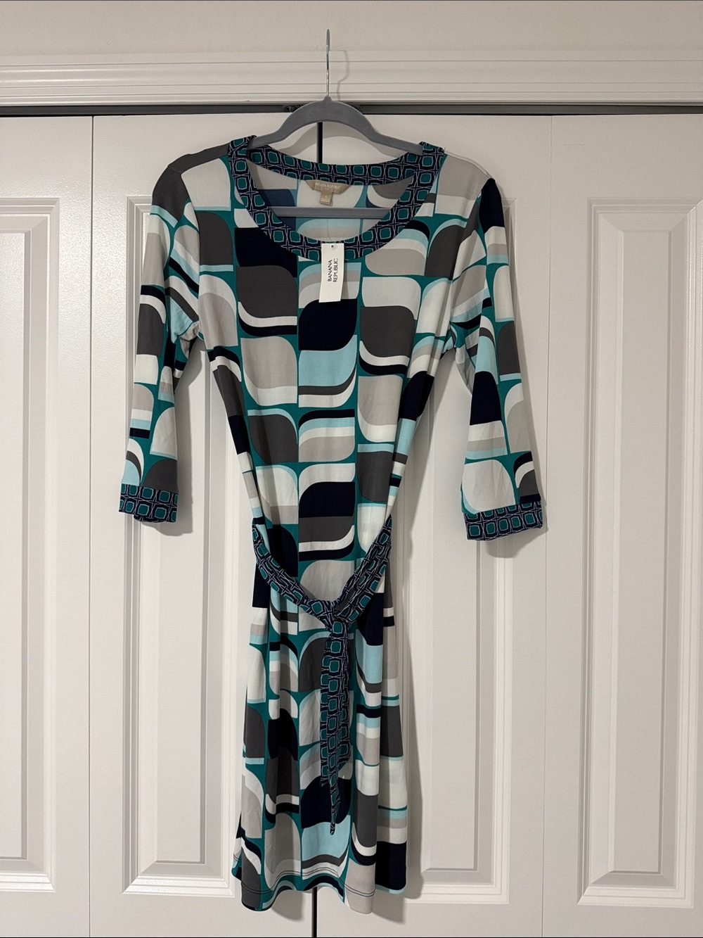 Banana Republic Teal, Black and Gray Long-Sleeve Wrap Dress